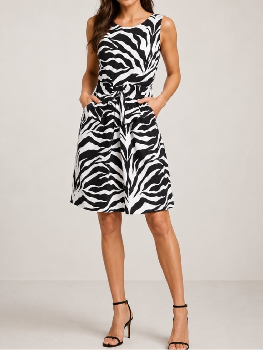Kate Spade Jillian Sleeveless Bow Waist Black White Zebra Print Linen Dress